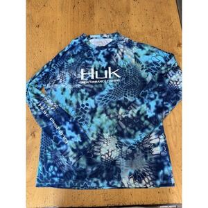 Huk Performance Fishing Blue Camo Long Sleeve Shirt Men's L 100% Polyester